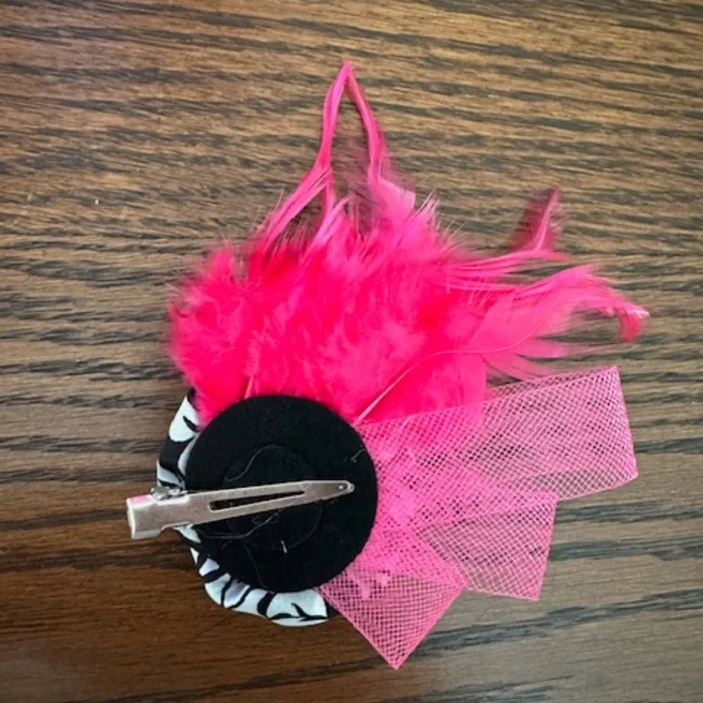 Hot Pink Feather with Damask Print Rolled Rose Hair Clip  5B4566